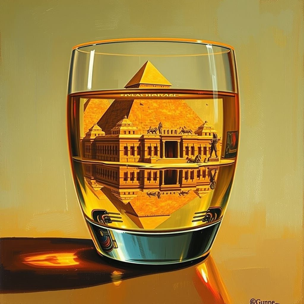 Egyptian Temple Reflected as Golden Oil Painting
