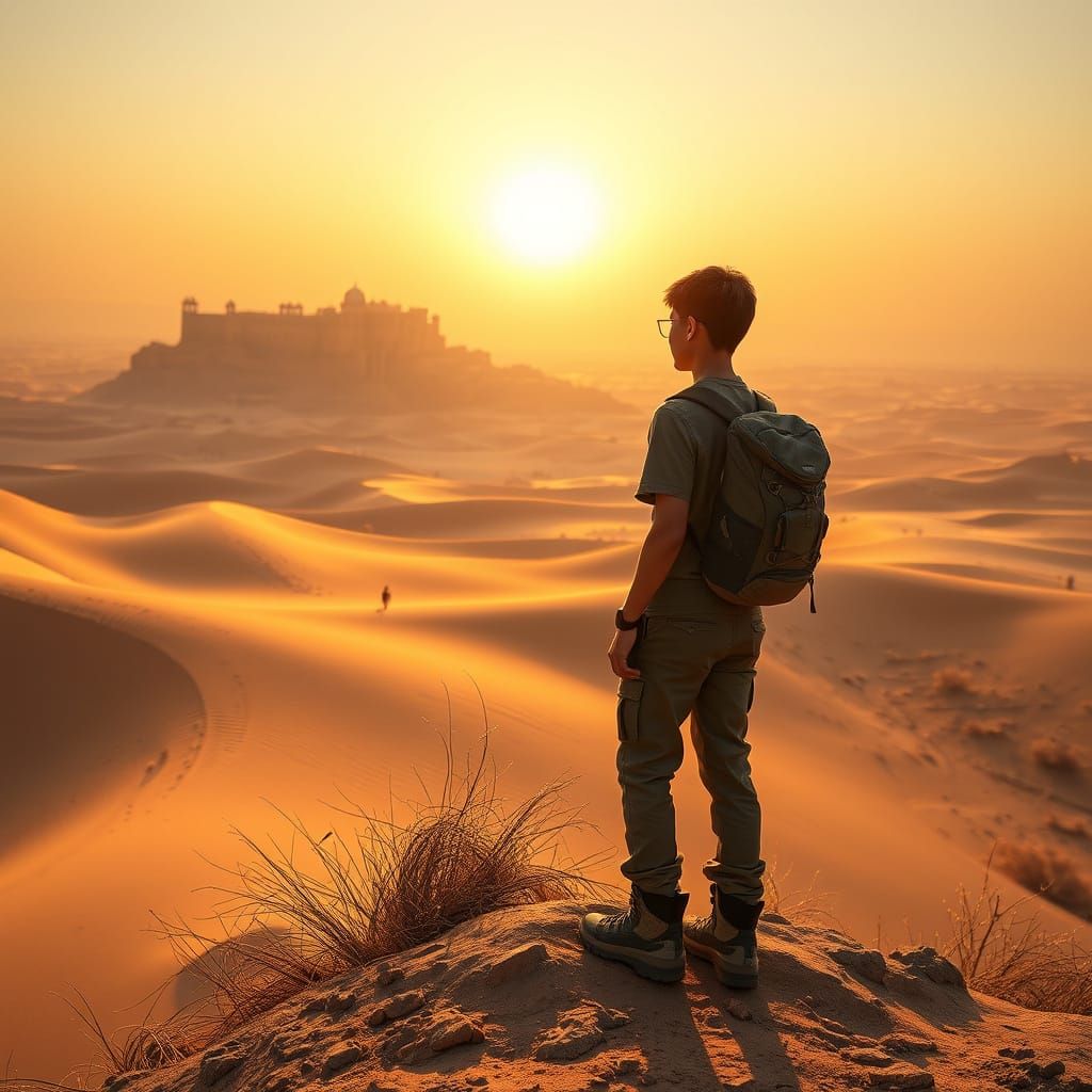 Trekker in Desert Dawn, Epic Adventure Ahead