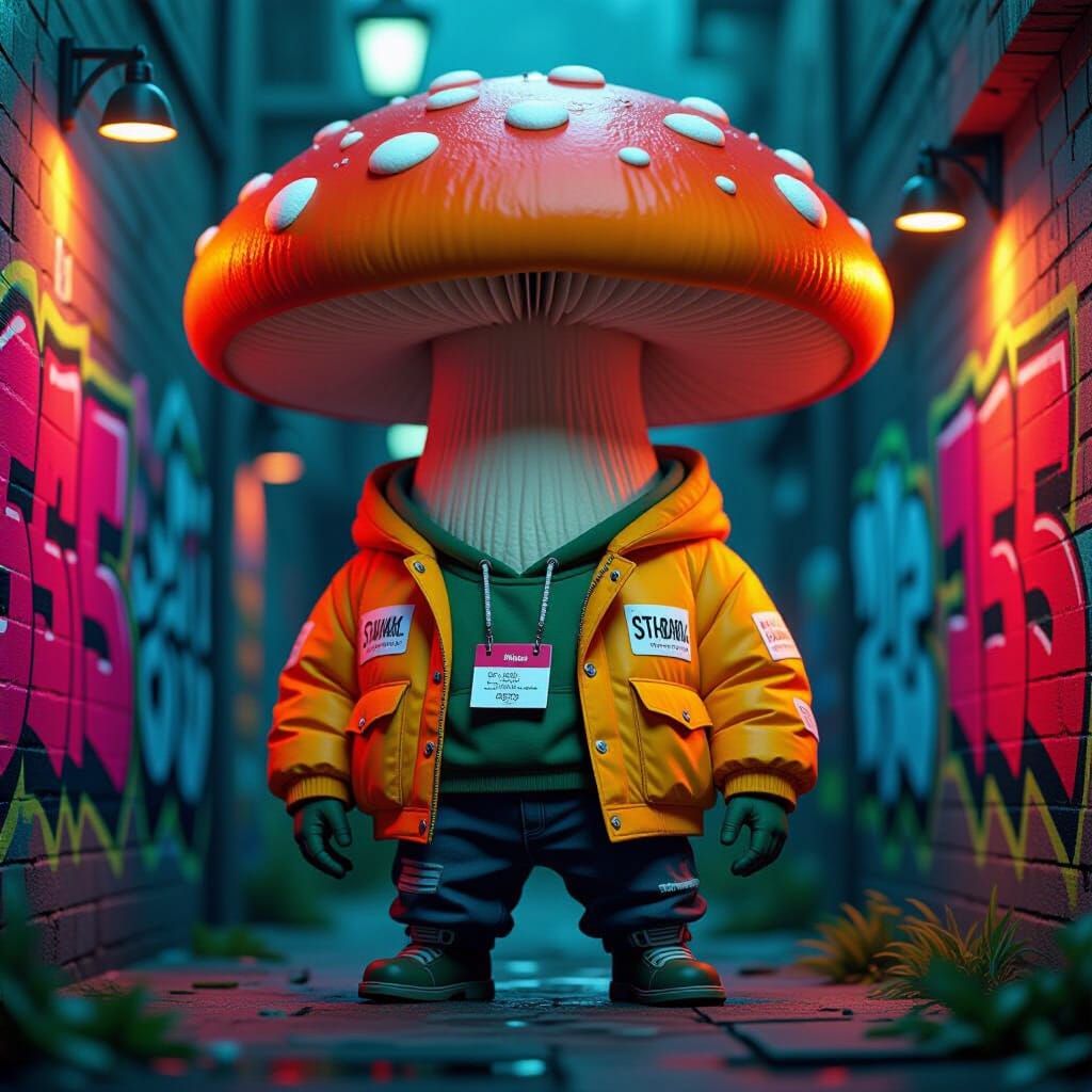 Mushroom Character in Urban Alleyway Graffiti Art