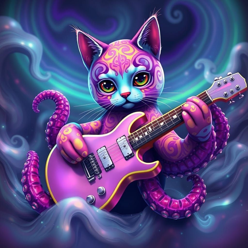 Whimsical Cat Octopus Rockstar
