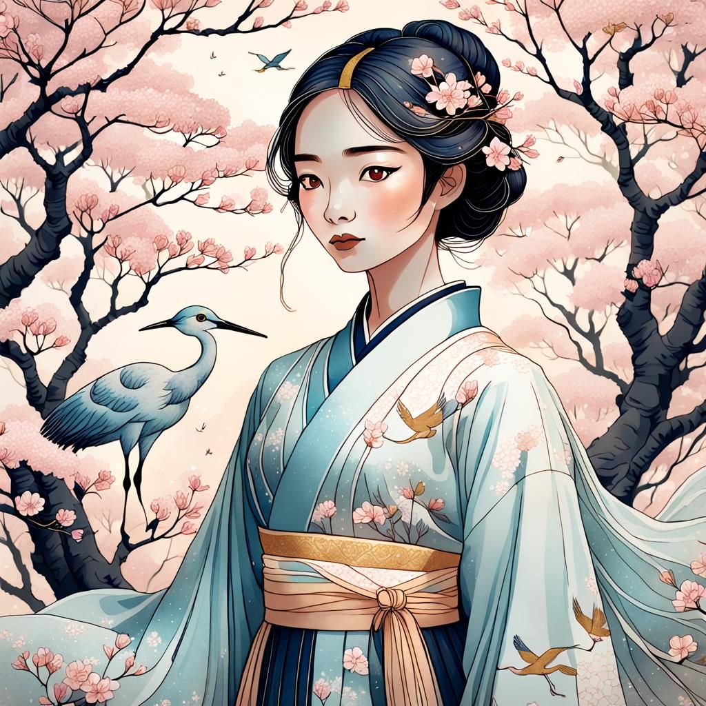 Woman in Hanfu Dress Surrounded by Cherry Blossoms