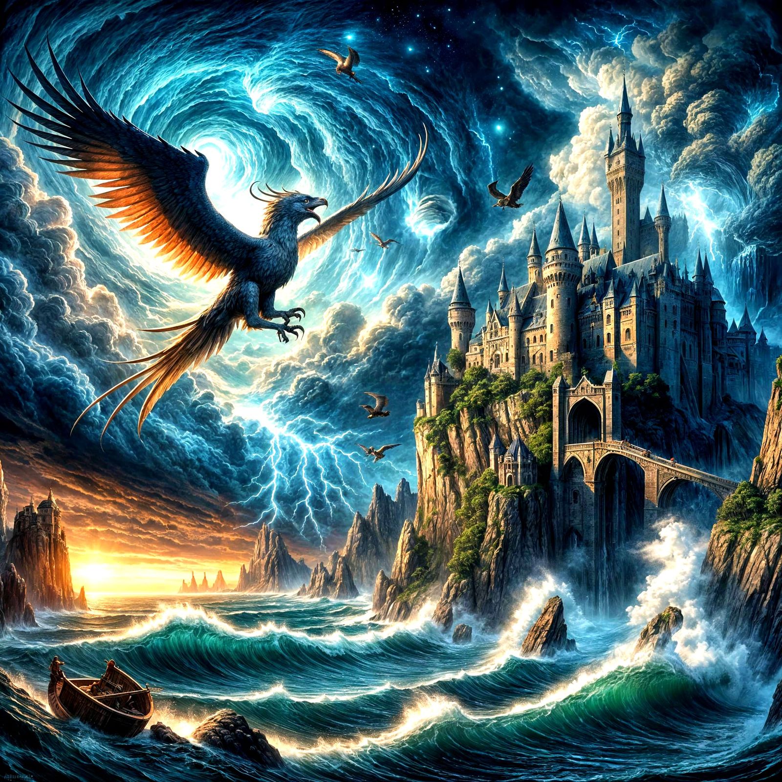 Majestic Gryphon Over Medieval Castle in Stormy Seas