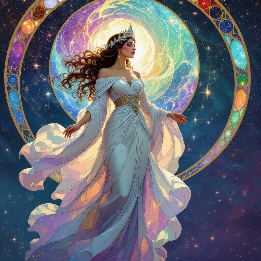 Celestial Goddess Emerges from Galaxy in Art Nouveau Style