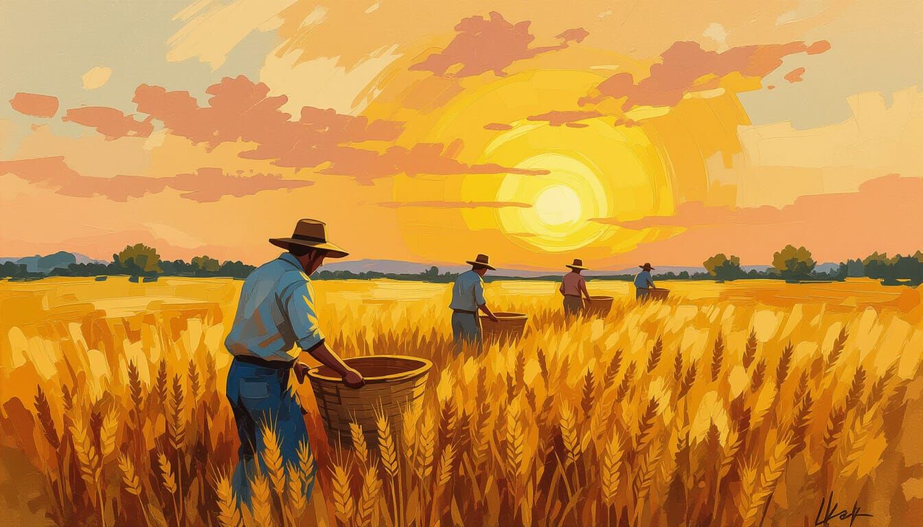 Farmers Harvesting Wheat in Rustic Textured Sunset