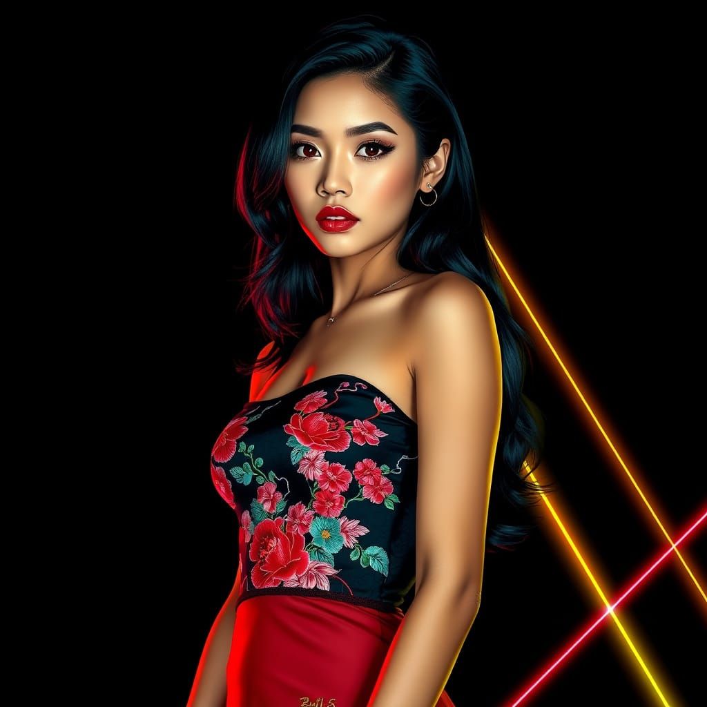 Confident Pin-Up Woman with Japanese Embroidery