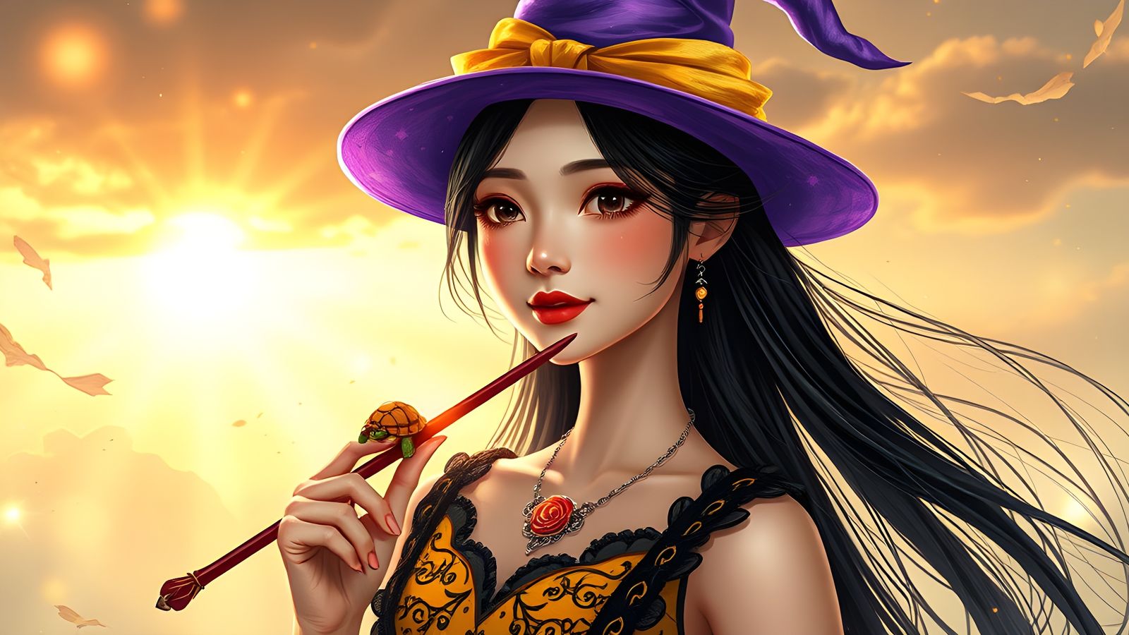 Asian Witch in Fantasy Dusk with Magic Wand