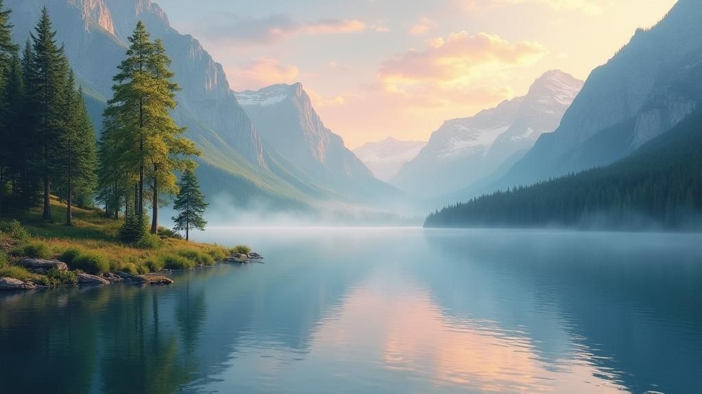 Serene Mountain Lake at Dawn in Impressionist Style