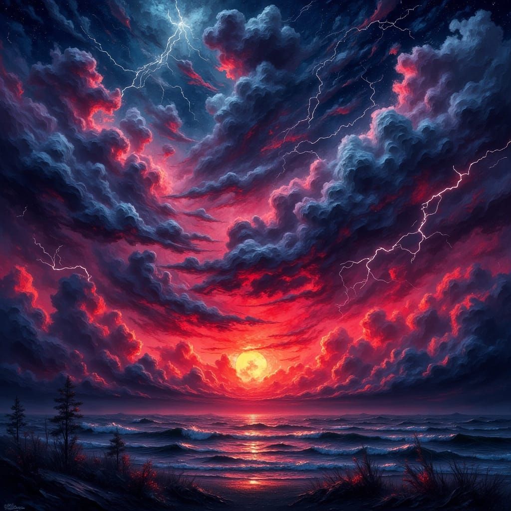 Dramatic Storm Clouds and Sunset in Impasto Style