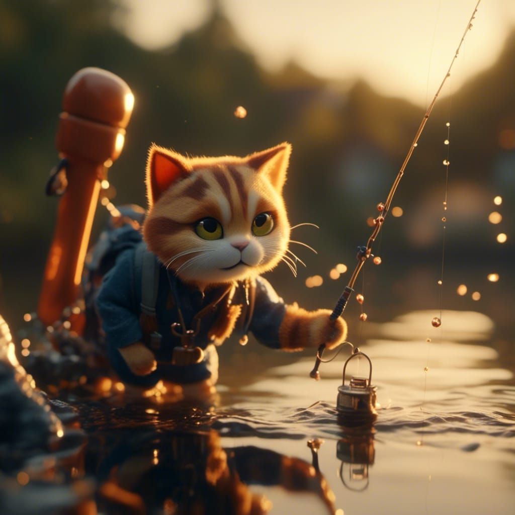 Cute Cat Fishing with Hook in Cinematic Style