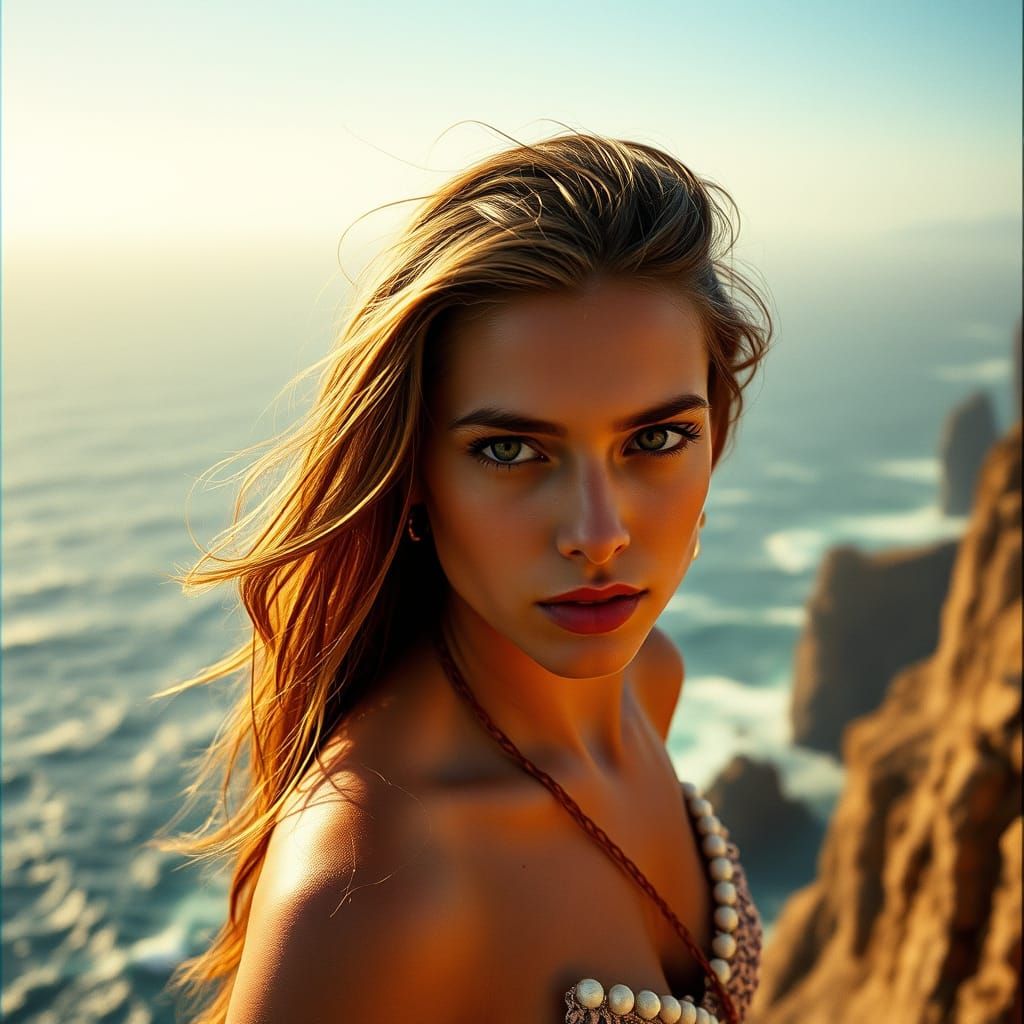 Determined Young Woman Stands at Cliff's Edge, Piercing Eyes...