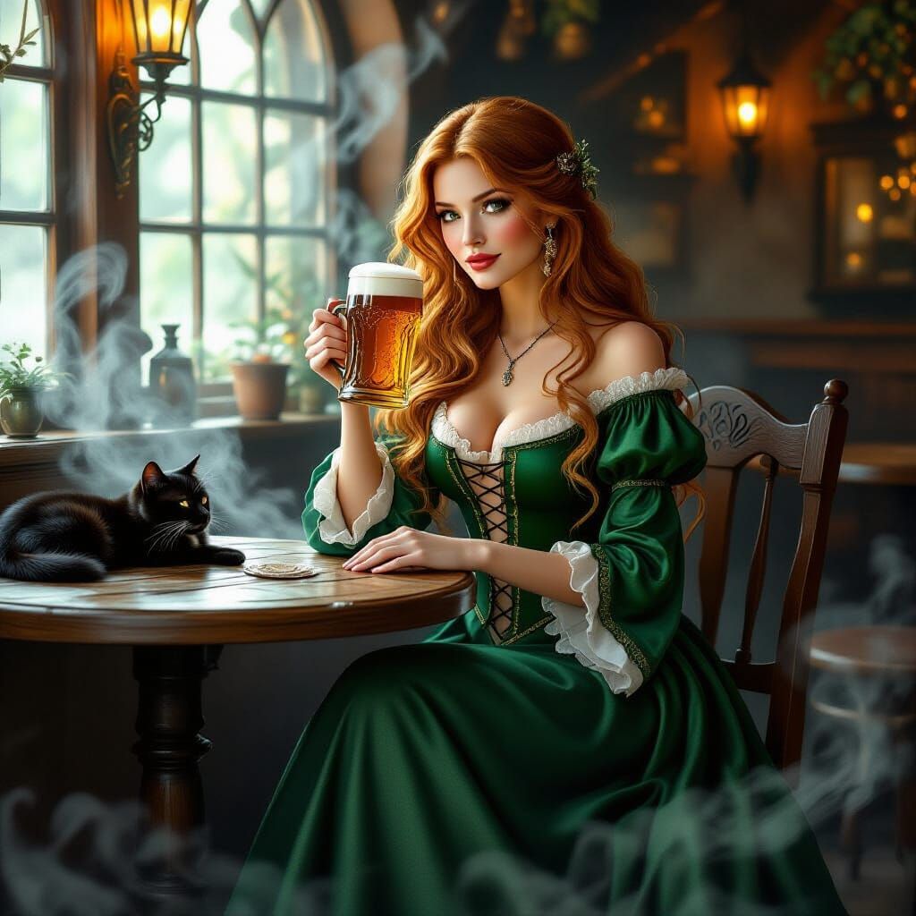 Ginger Woman Enjoys Beer in Ethereal Medieval Cafe with Cat