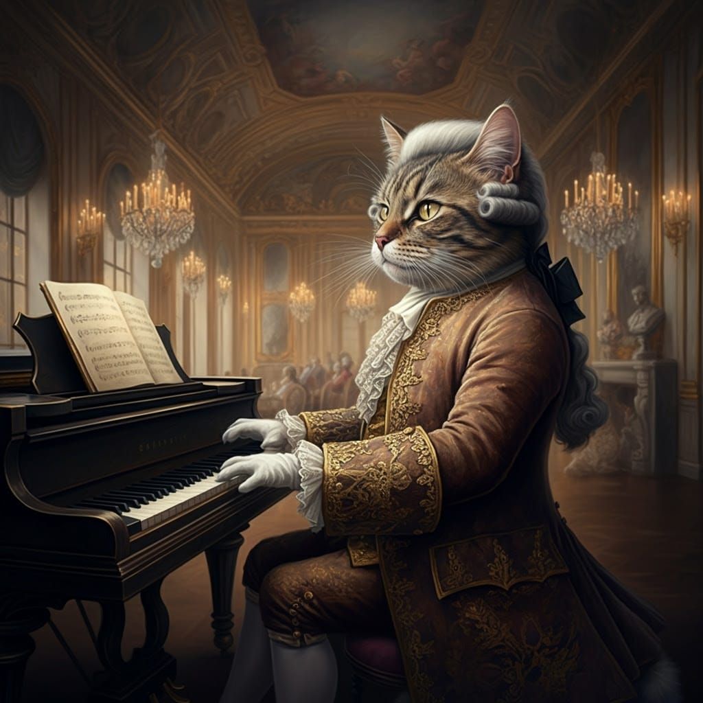 Elegant Baroque Feline Maestro in Opulent Ballroom