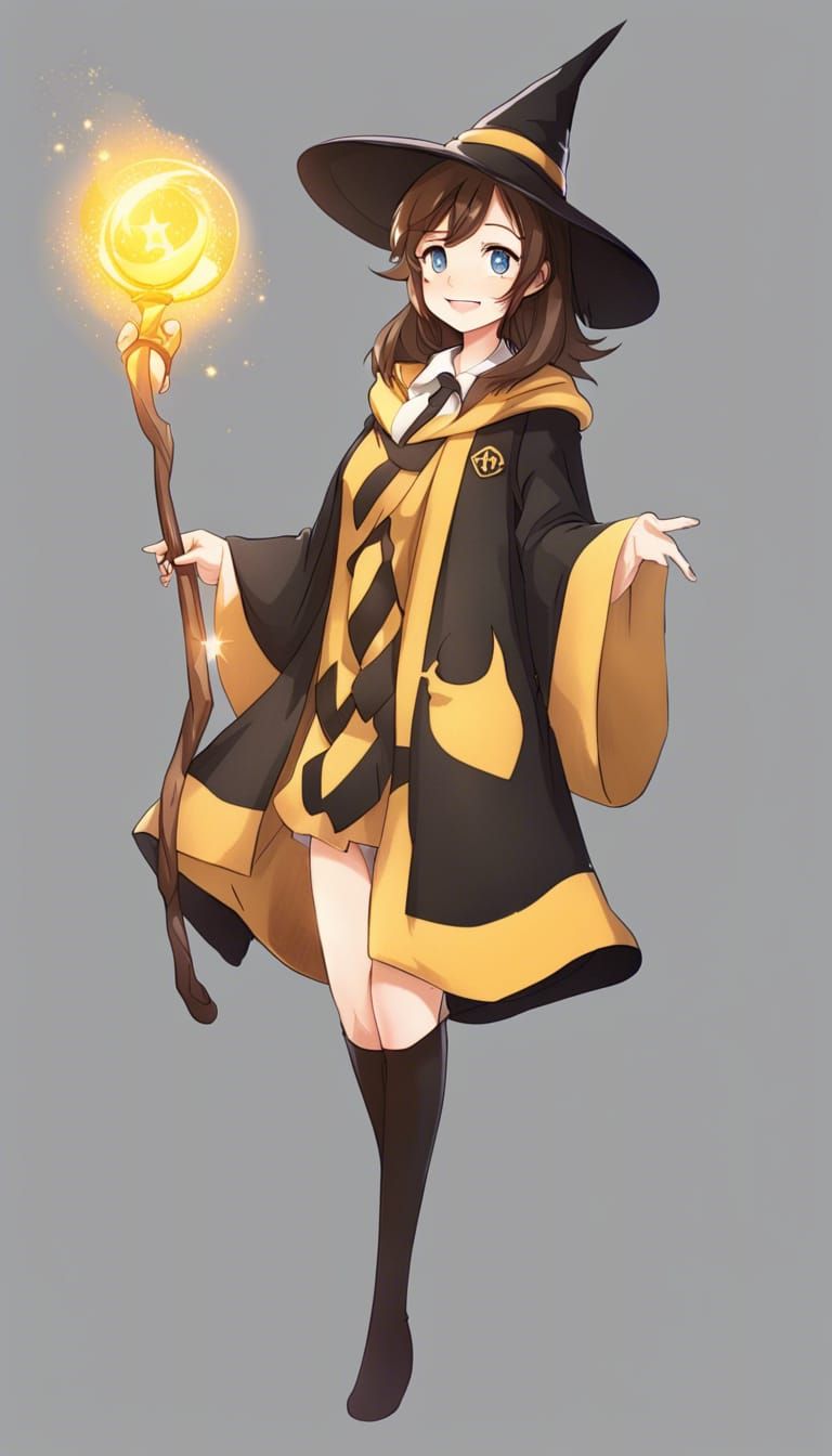 Anime-Style Hufflepuff Witch Full Body Portrait