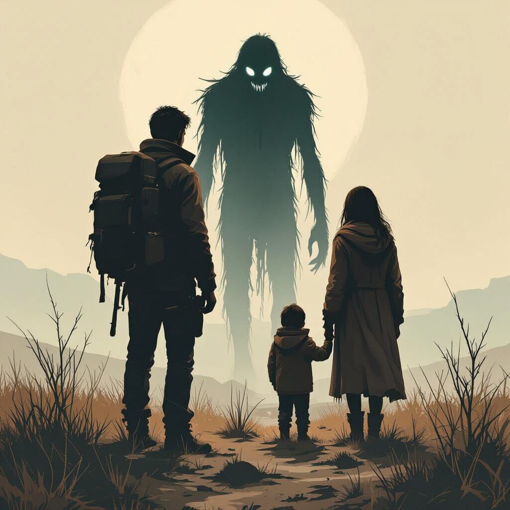 Stranded Family Faces Skinwalker in Dystopian Art Style