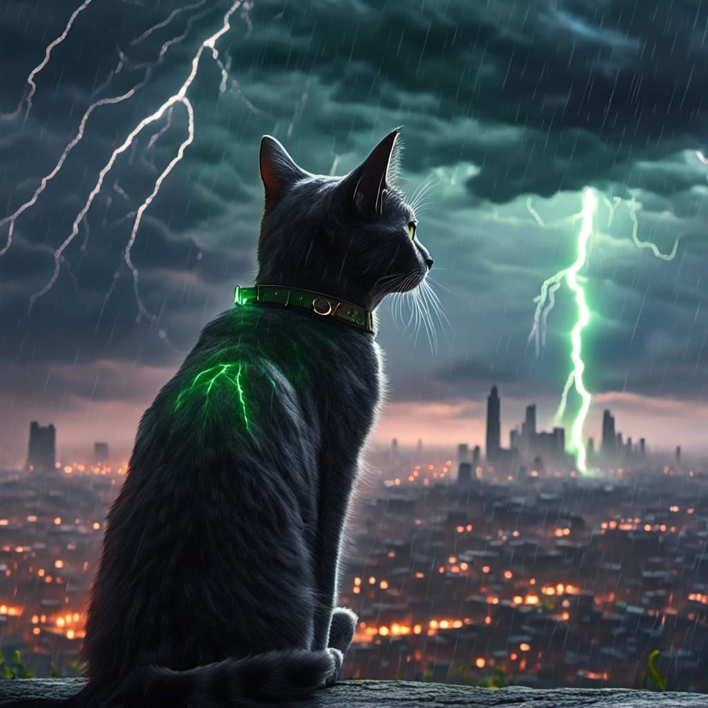 Cat Watches Lightning Strike in Misty Landscape