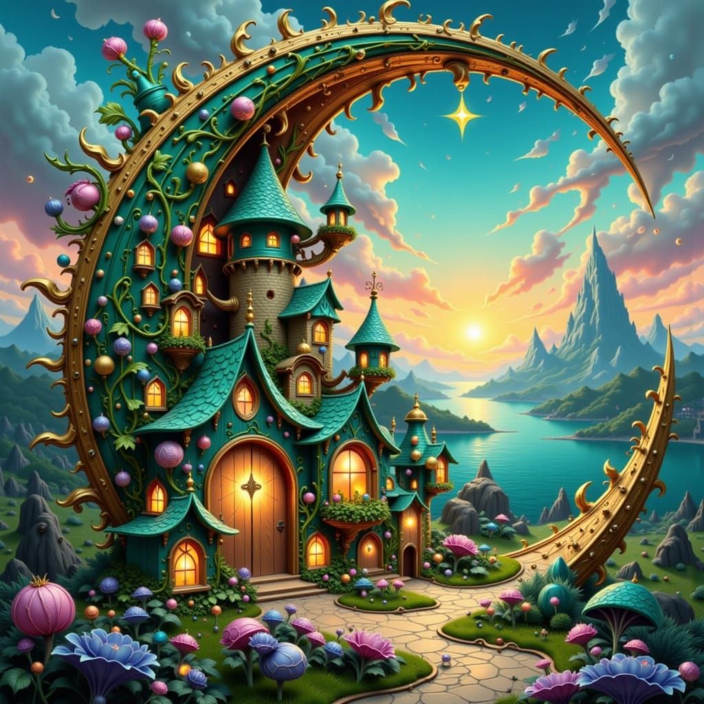 Miniature Village in Gemstone Crescent Moon Lighthouse