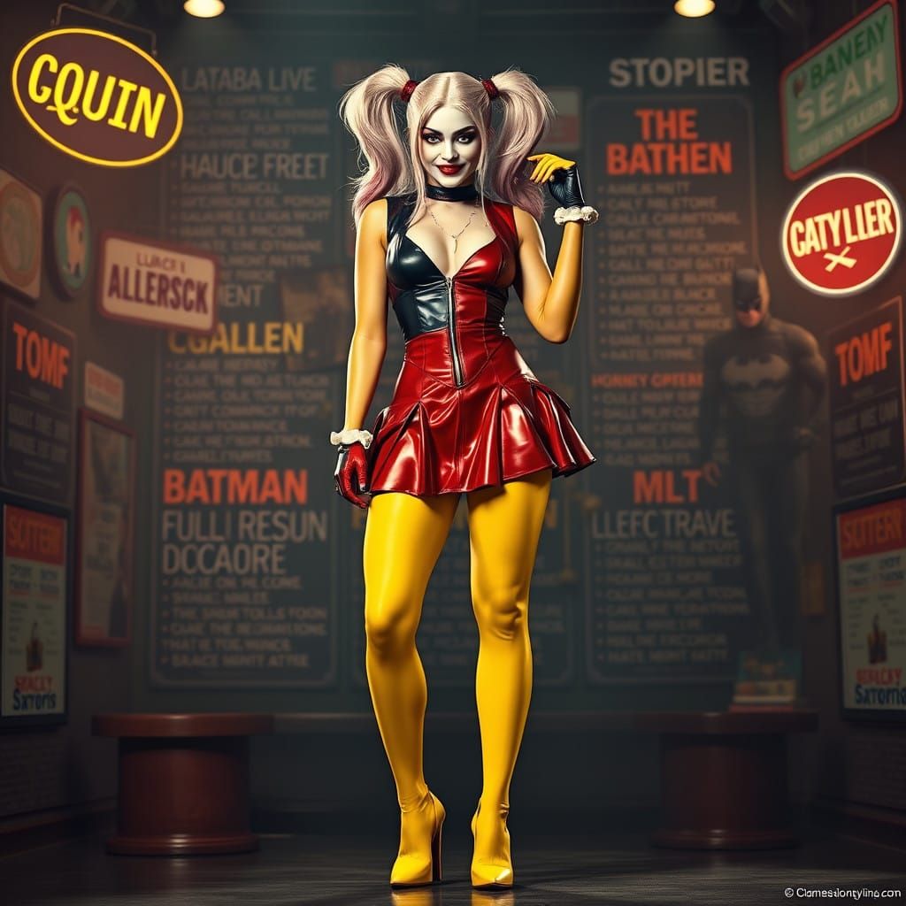 Harley Quinn, yellow shiny pantyhose, long legs, plated skirt, high heels, long hair, sexy stand, background with text s...