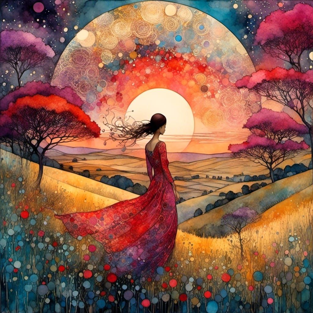 Girl on Hill in Art Brut Liquid Ink Style