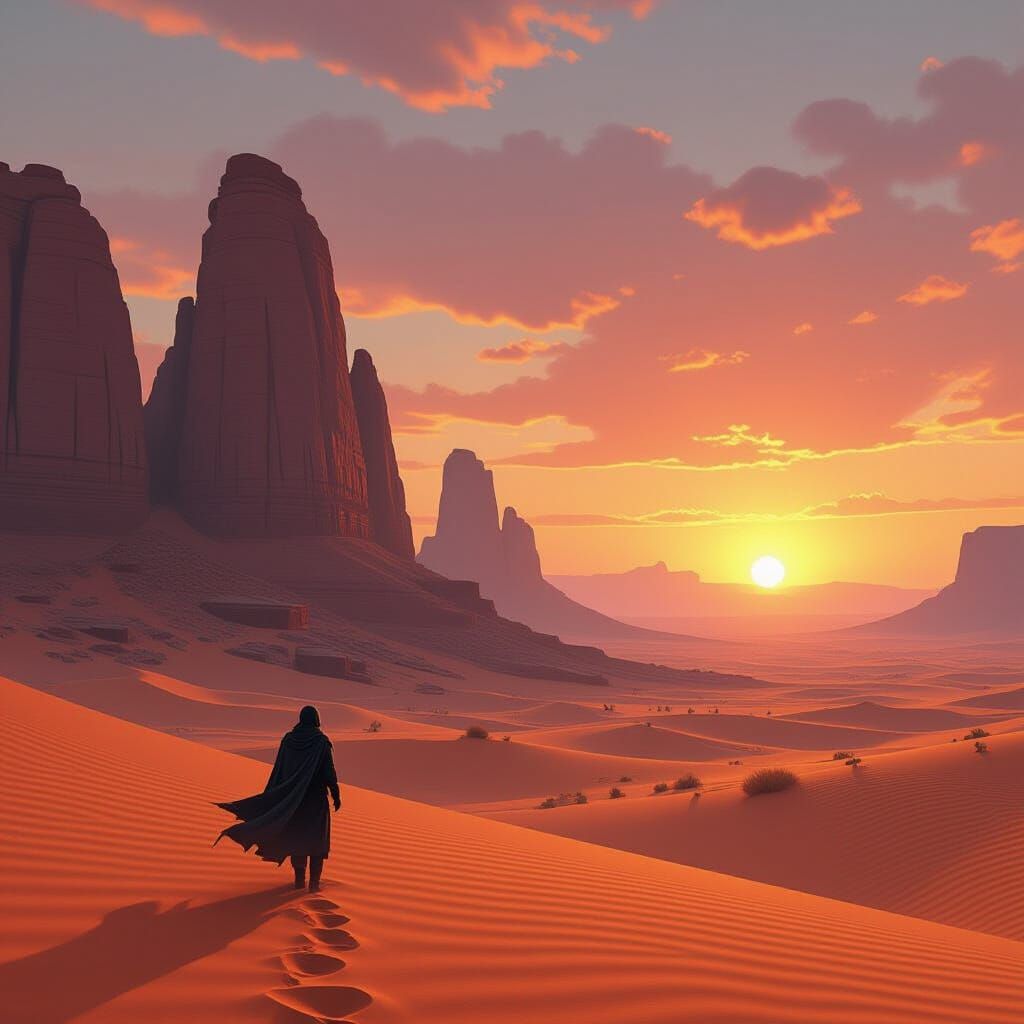 Desert Wanderer at Sunset: Matte Painting Style