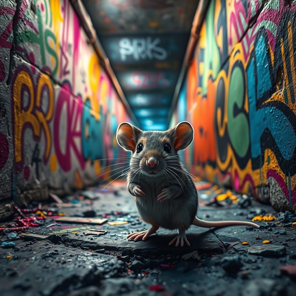 Graffiti Mouse Amidst Urban Decay