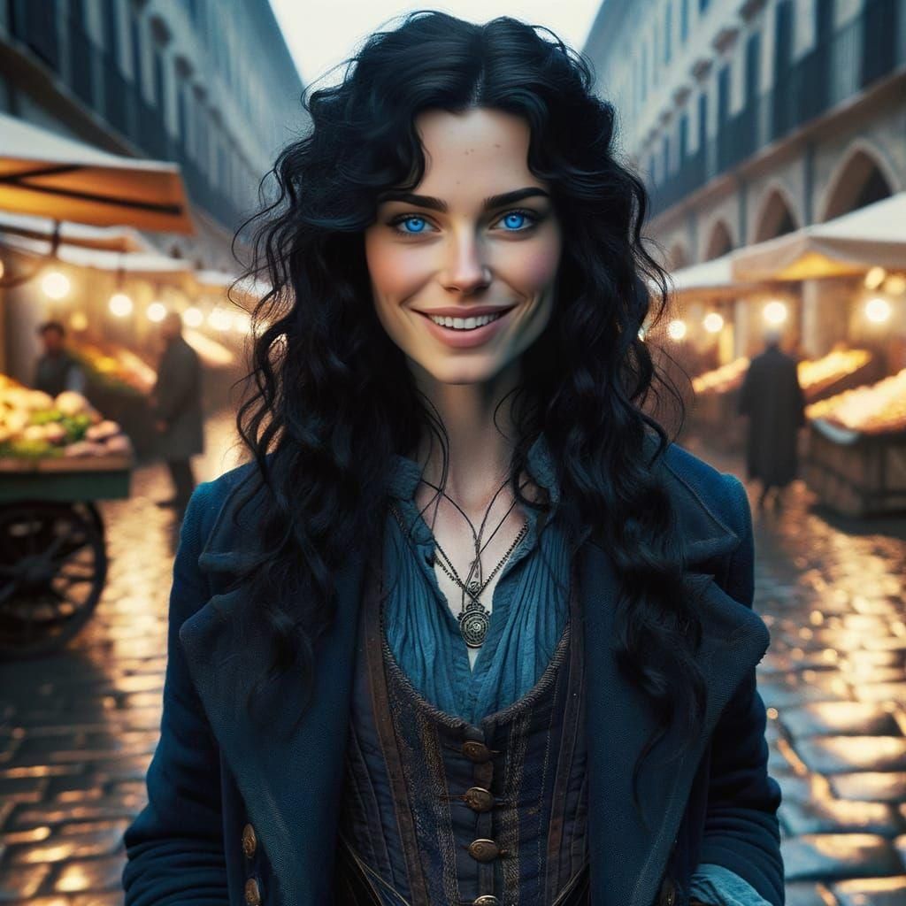 Woman with Black Hair Walking Through Market