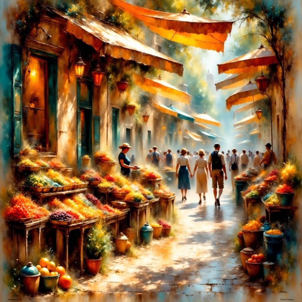 Yellow Teapot in Sunlit Marketplace in Impressionist Style