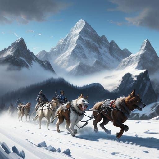 Dogs Pulling Sled Through Snowy Mountains