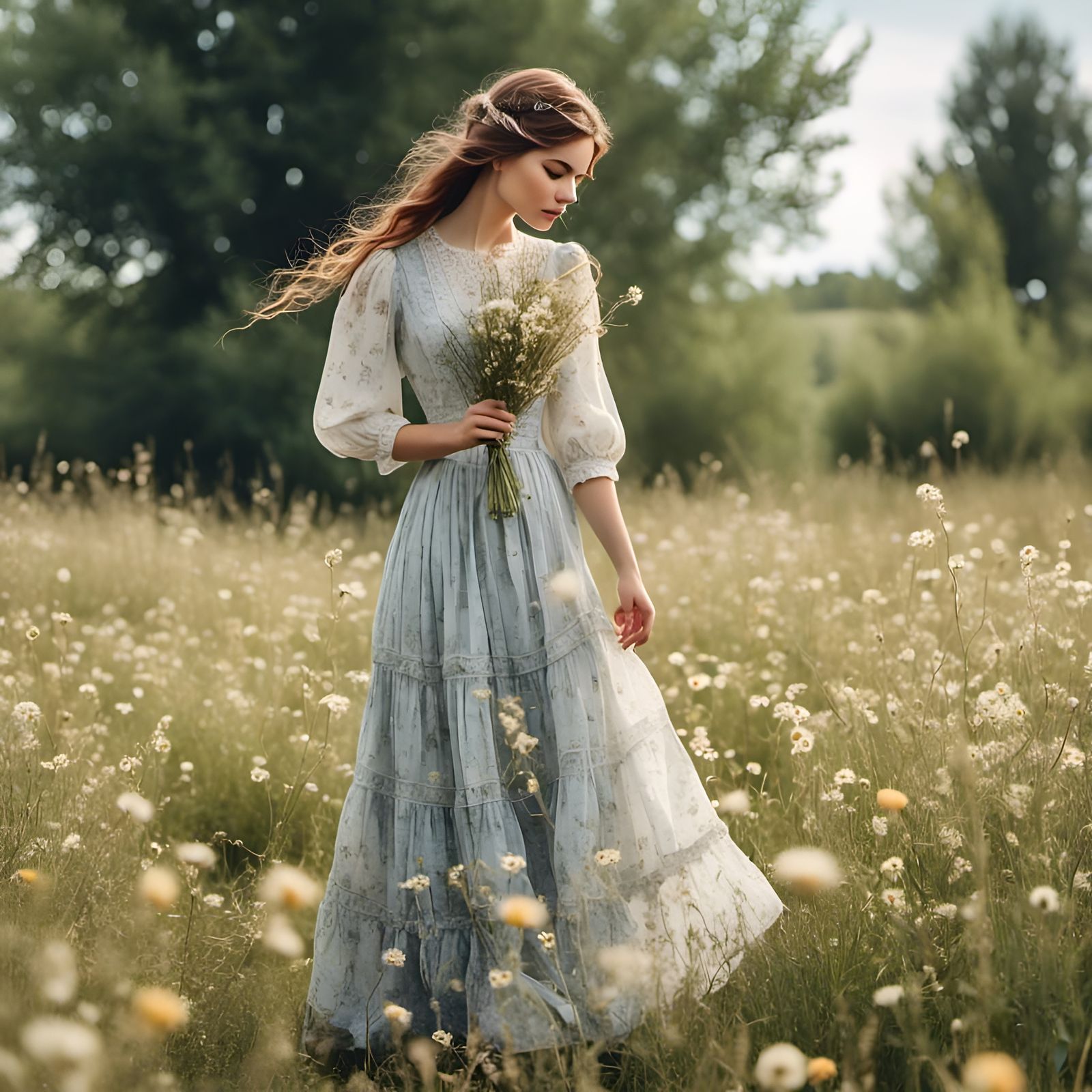 Victorian Woman Picking Flowers in Watercolor Style