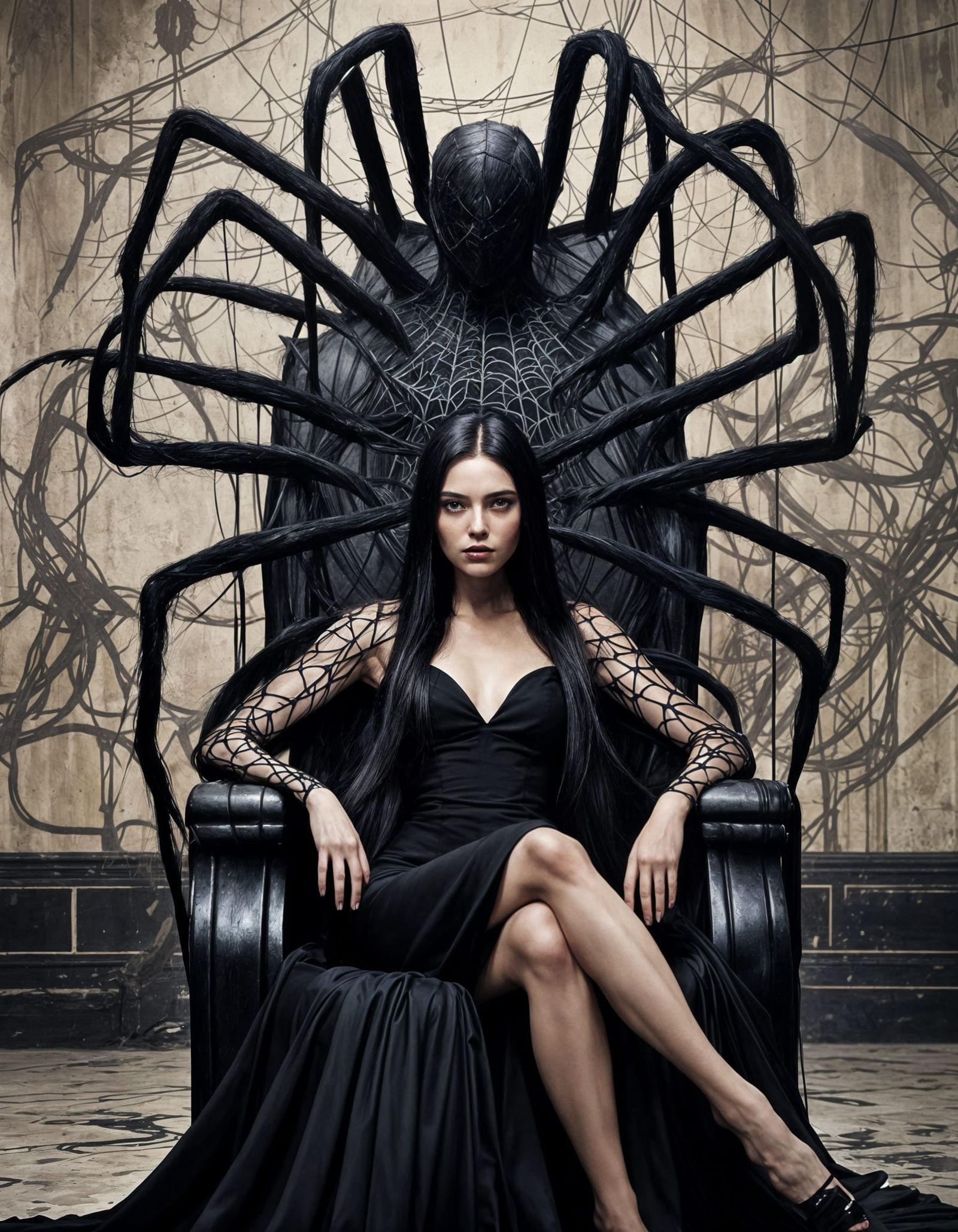 Regal Woman in Spiderweb Dress with Giant Spider