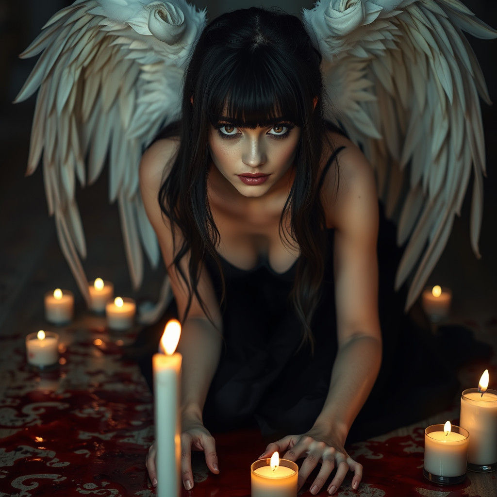 Ethereal Woman with Angel Wings in Candlelight