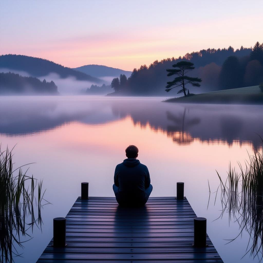 Figure Gazes at Mist-Shrouded Lake at Dawn