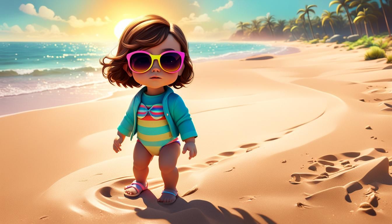 Baby Girl on Beach in Pixar-Inspired 3D Art