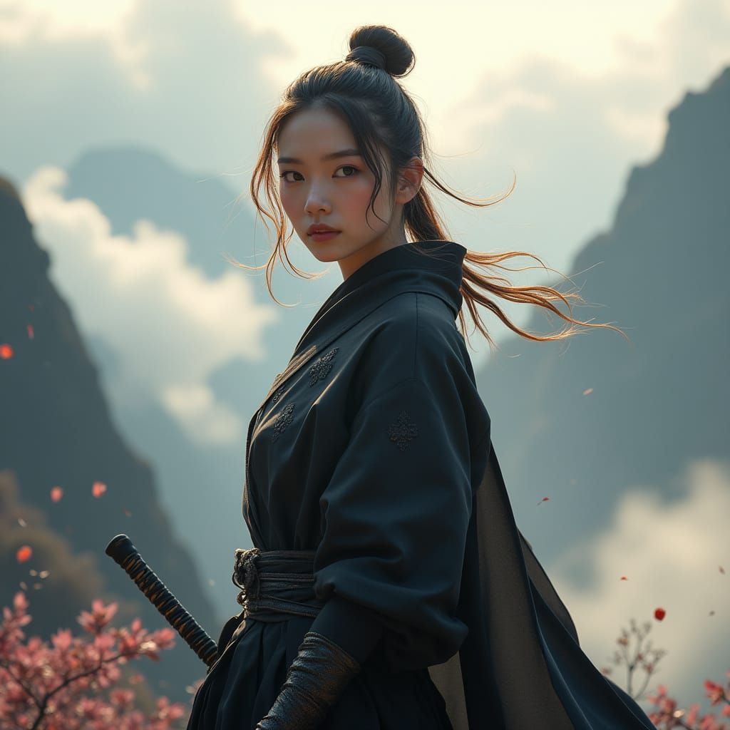 Elegant Ninja Warrior in Misty Mountain Landscape