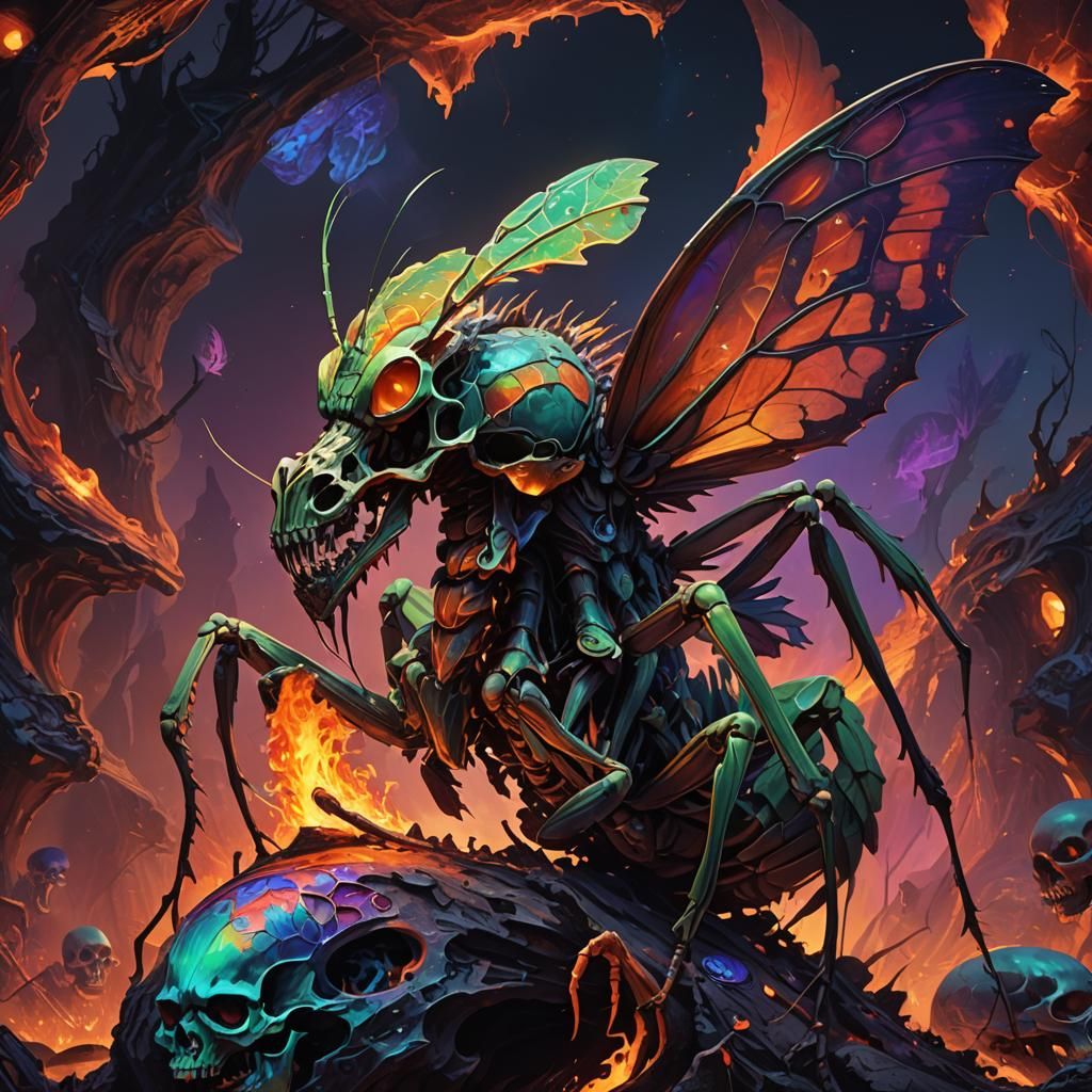 Glowing Mantis on Skull: Fantasy Concept Art