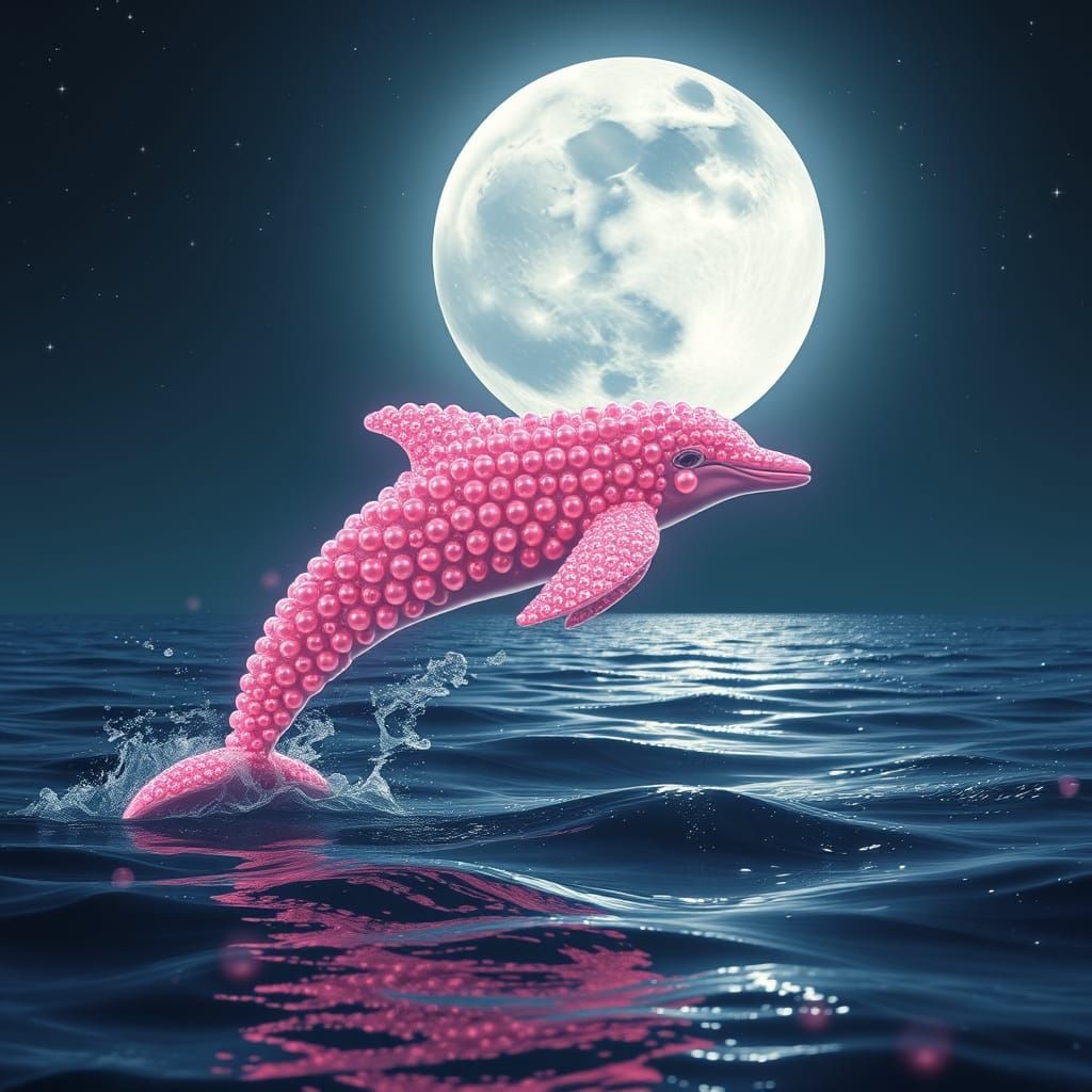 Pearlescent Dolphin Leaps Under Moonlight in Dreamlike Style