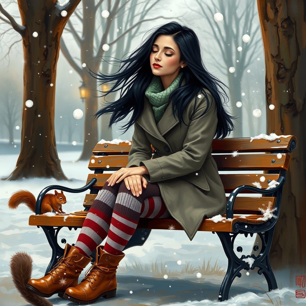 Ethereal Woman in Snowy Park, Airbrush Painting