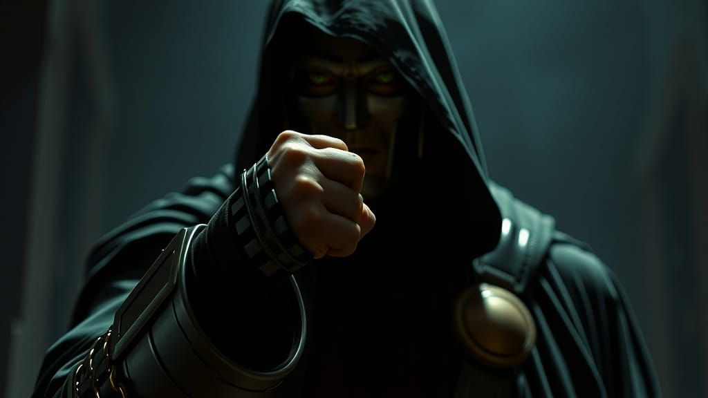 Cinematic Doctor Doom, Cloaked in Shadow, Gauntleted Fist