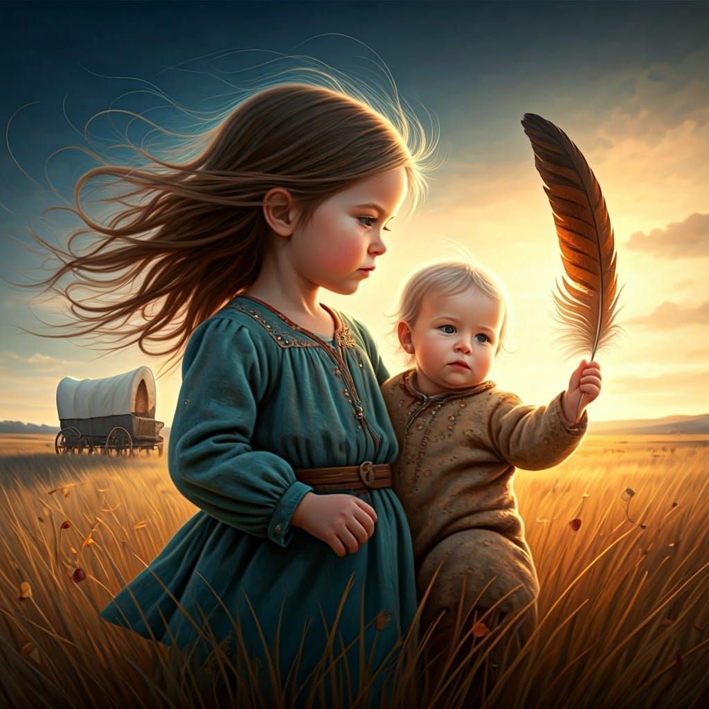 A Young Girl and Her Baby Brother in a Hyperrealistic Prairi...
