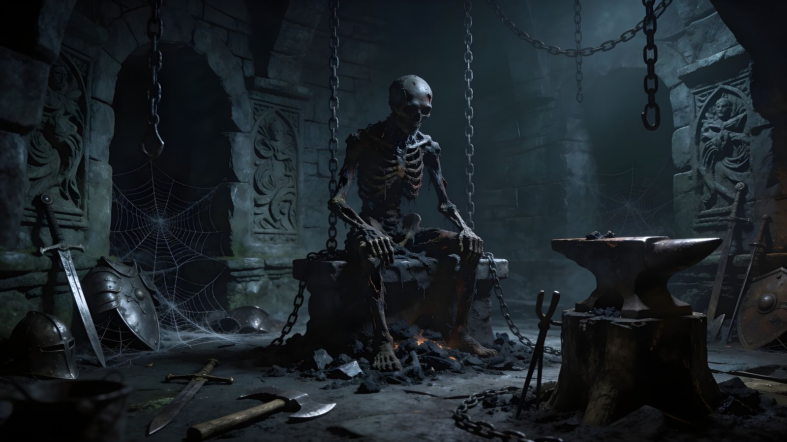 Skeleton in Ruined Dungeon Blacksmith Forge