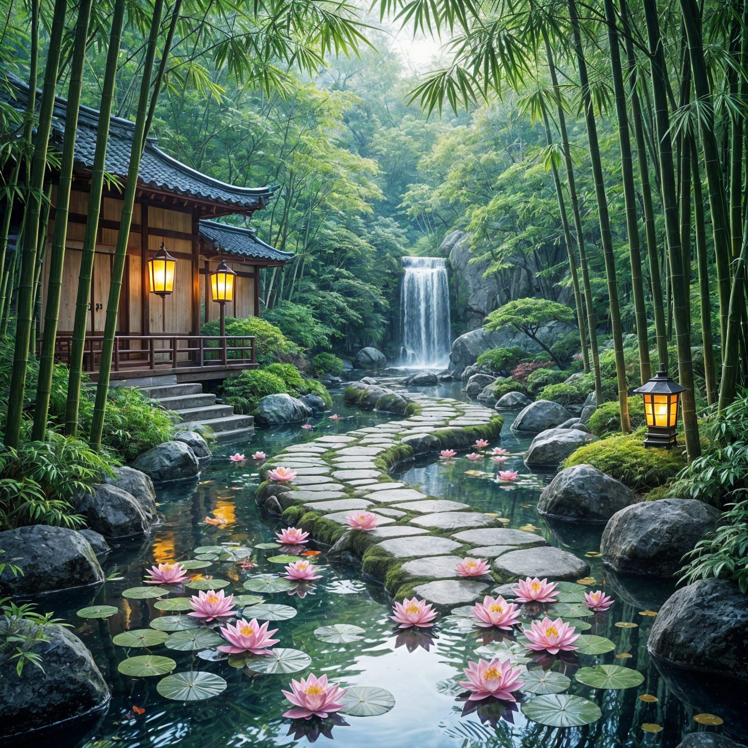 Serene Japanese Bamboo Garden with Koi Pond and Lanterns