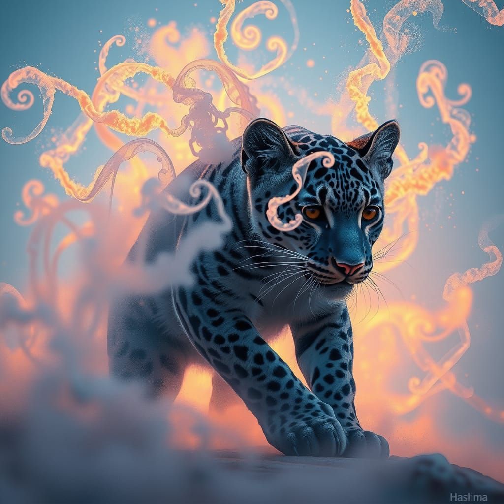 A visual depiction of a clouded leopard, the large wild cat, in the state of change into a swirling cloud of fine powder...