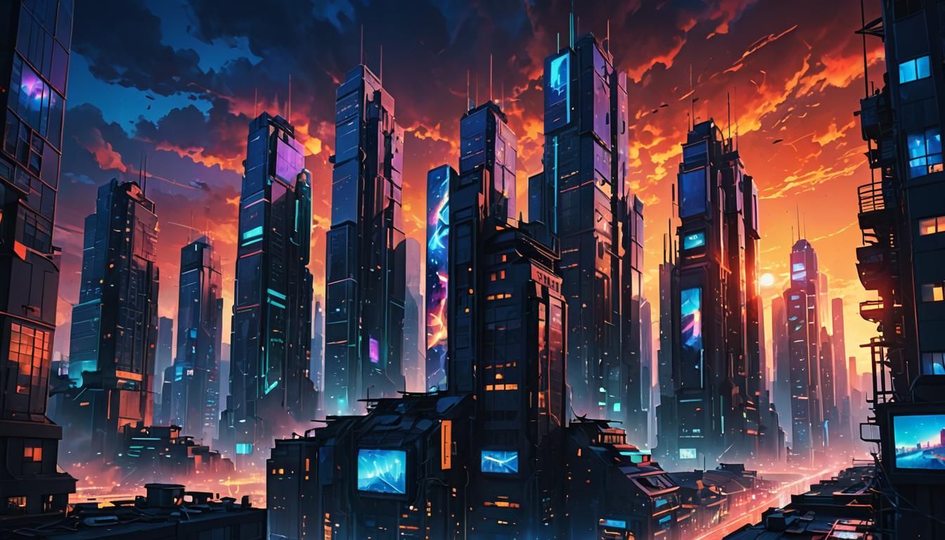 Futuristic 3D Cityscape at Sunset in Pixar Style