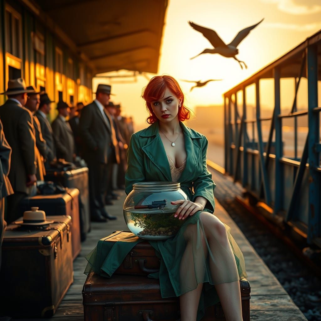 Vintage Salesmen Gather on a Rustic Train Platform, Surround...