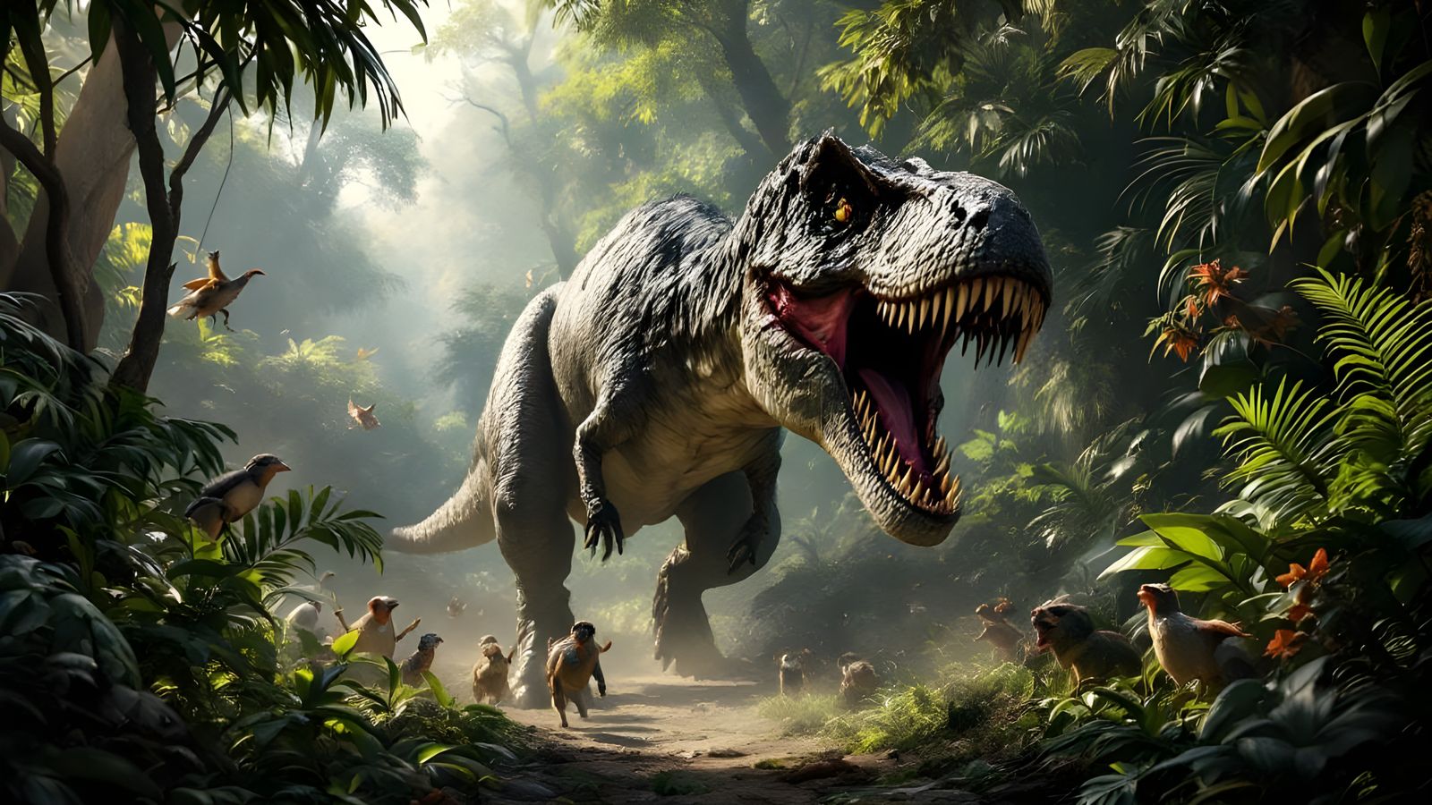 Tyrannosaurus Rex Hunting in Prehistoric Jungle
