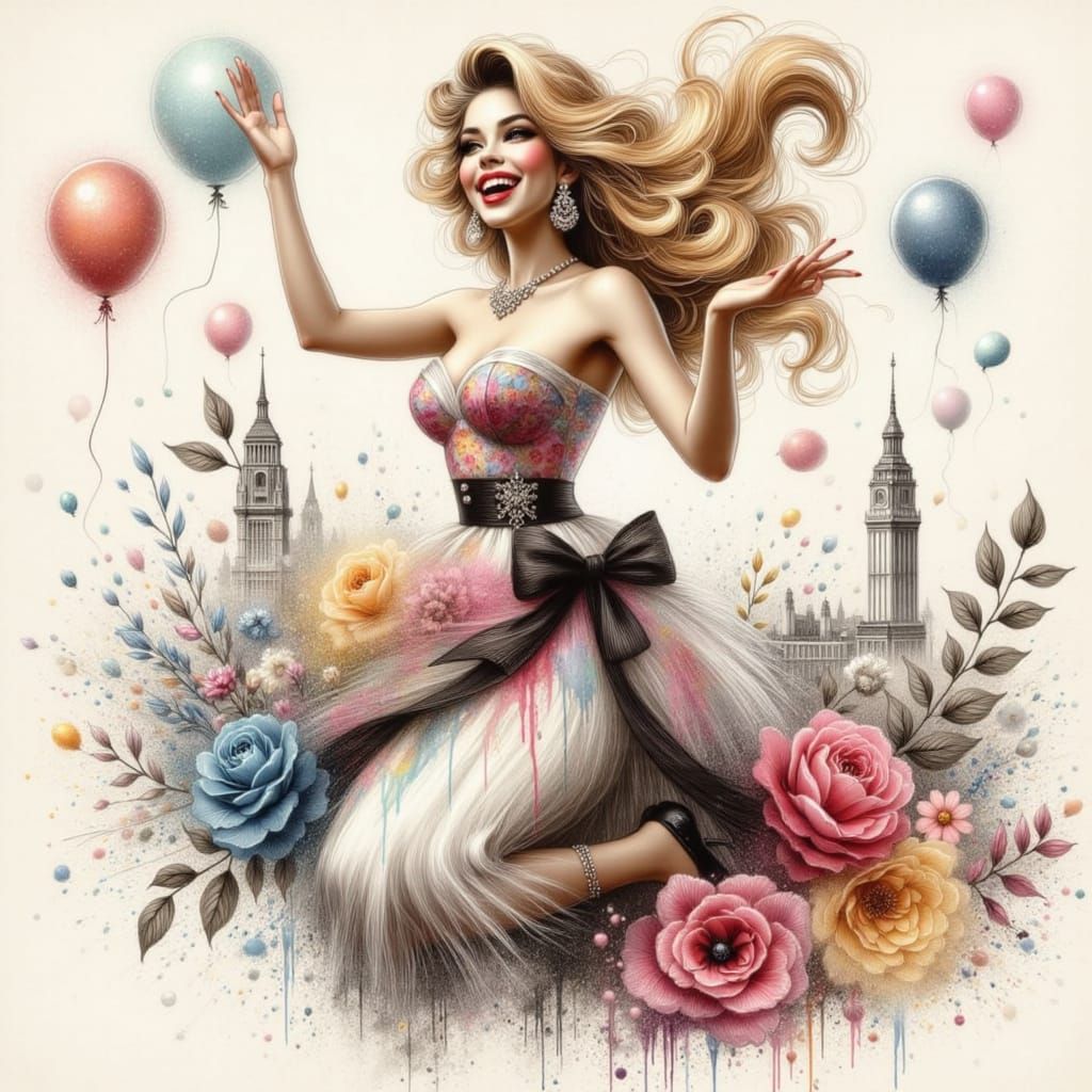 Whimsical Pinup Girl Celebrates Success in Vibrant Charcoal ...