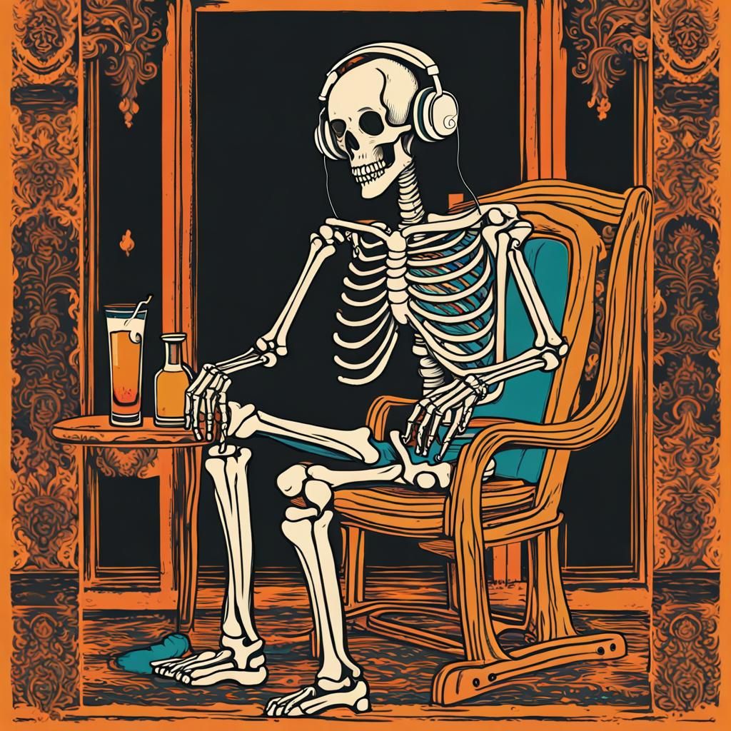 Happy Skeleton with Tequila in Woodcut Print