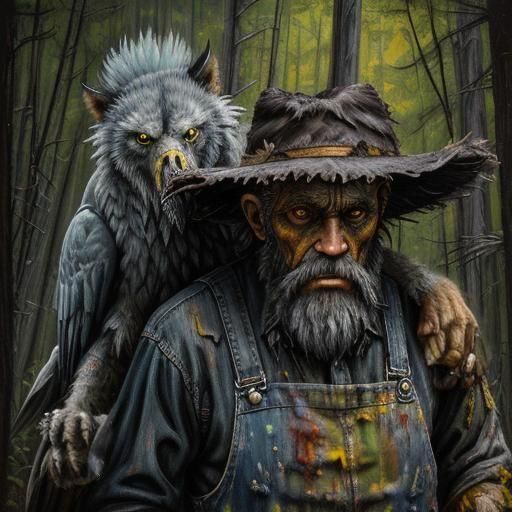 Appalachian Man Battles Demonic Griffin as Impasto Painting