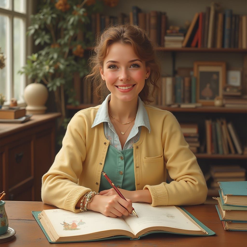 Smiling Teacher Surrounded by Books, Rockwell Style