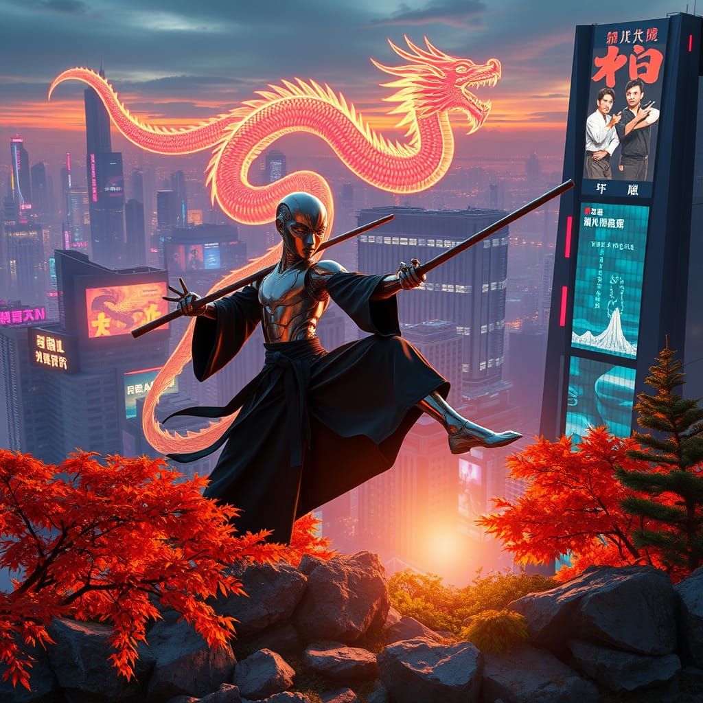 Cyberpunk Cityscape with Holographic Dragon and Android