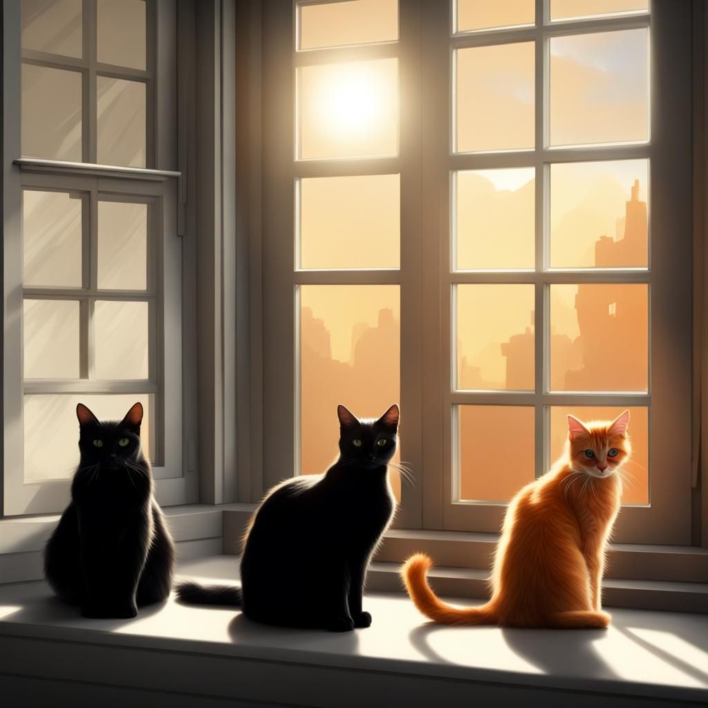 Cats Enjoying Sunbeam: Detailed Matte Painting